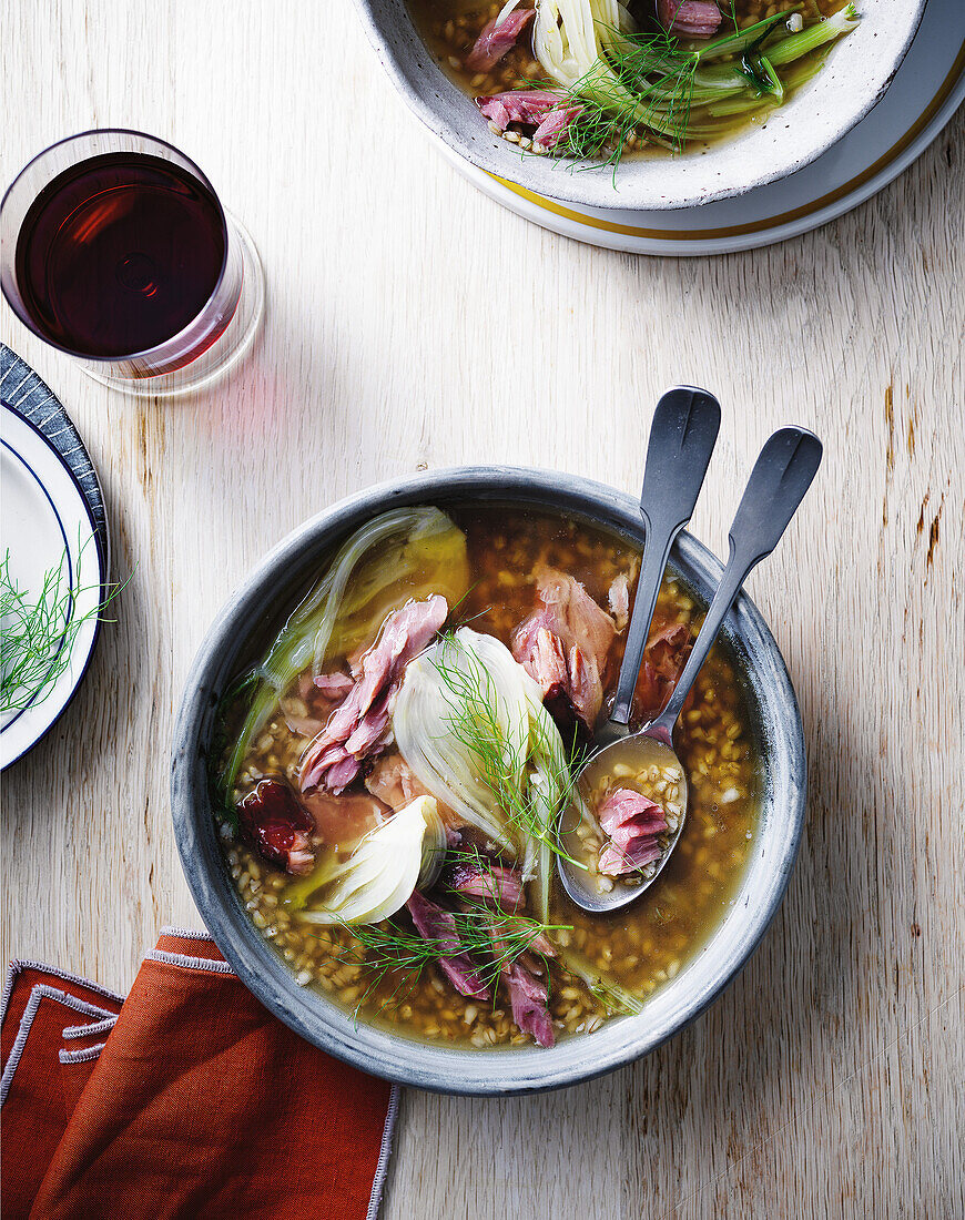 Barley broth with smoked pork knuckle and fennel