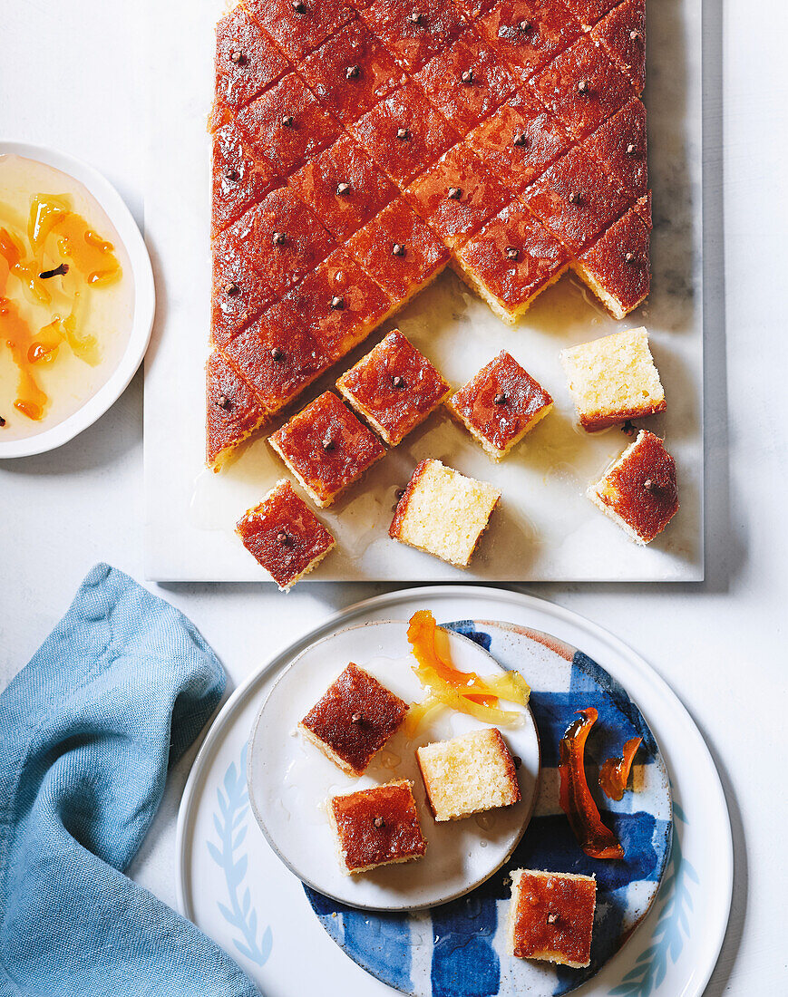 Revani - Greek semolina cake with sugar syrup and candied oranges