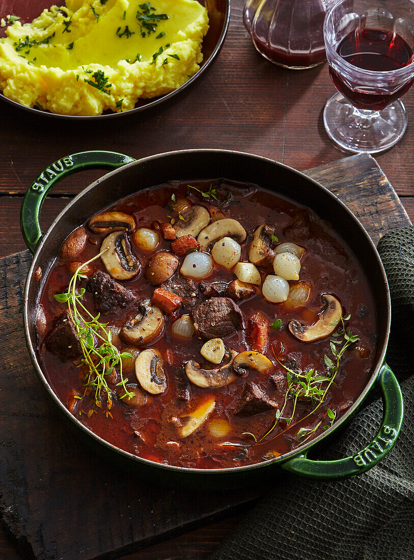 Boeuf Bourguignon with mushrooms, bacon and mashed potatoes