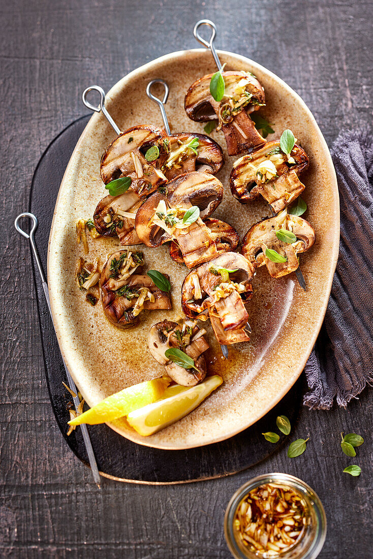 Grilled mushroom skewers with tamari and herbs