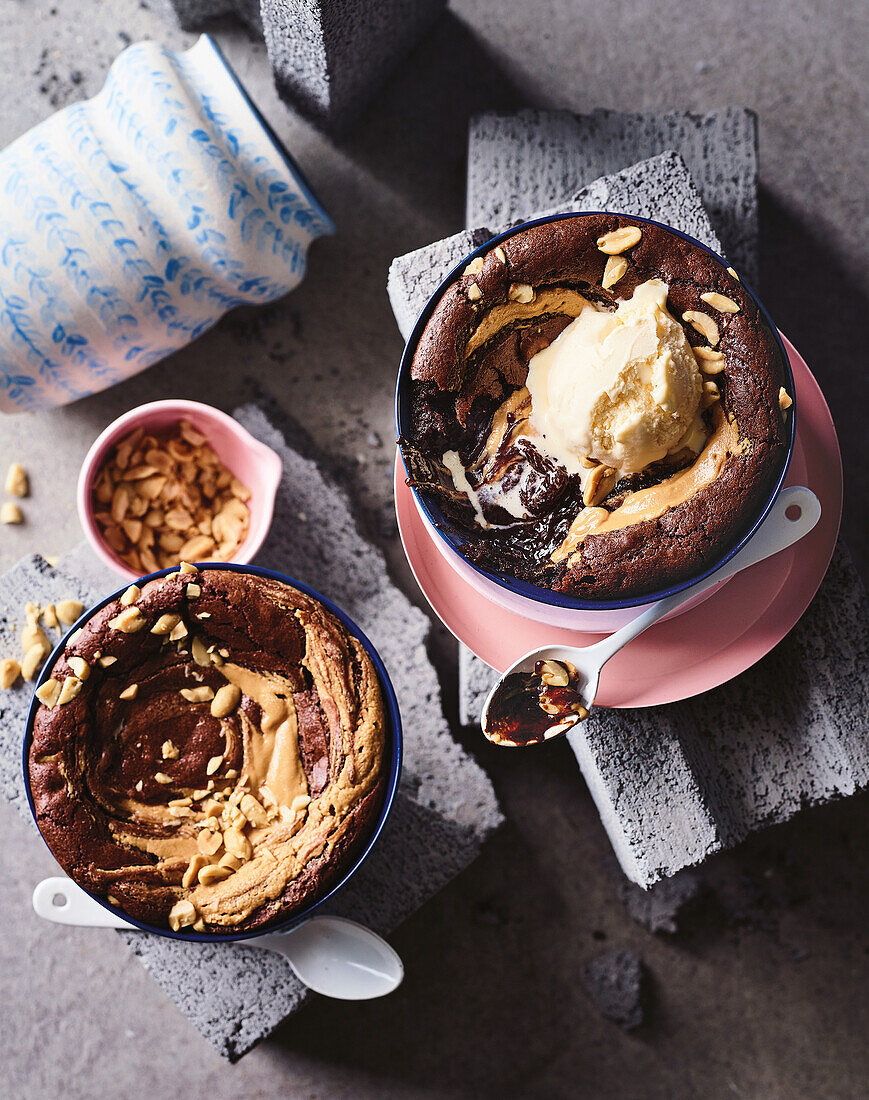 Chocolate brownie bowl with peanuts and ice cream