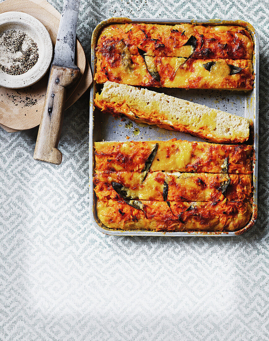 Sweet potato focaccia with sage and Havarti cheese