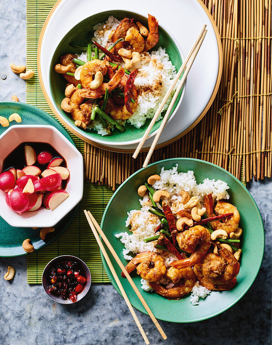 Kung pao prawns with rice and pickled radishes