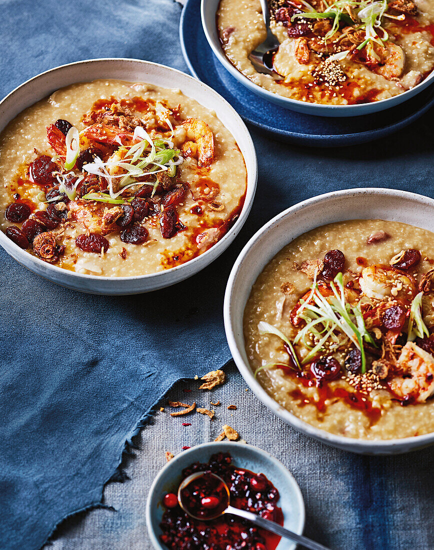 Congee with lap cheong and prawns (China)