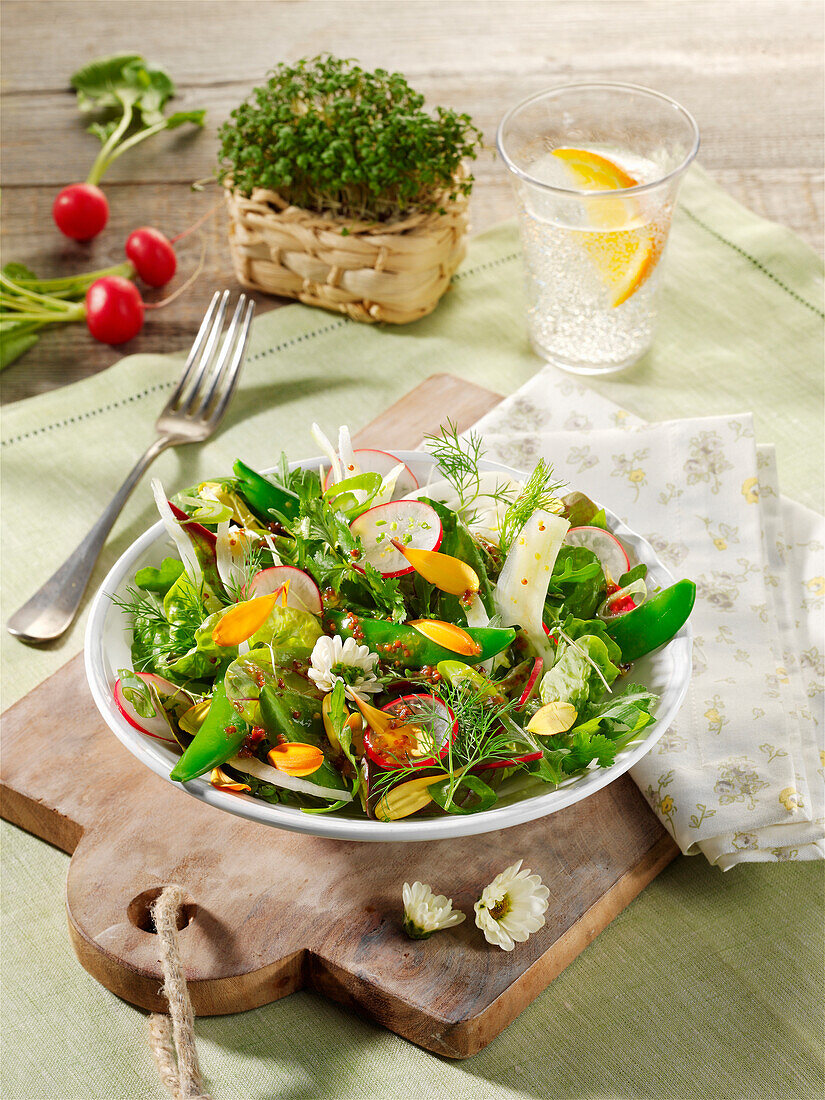 Spring salad with fennel, mangetout and radishes