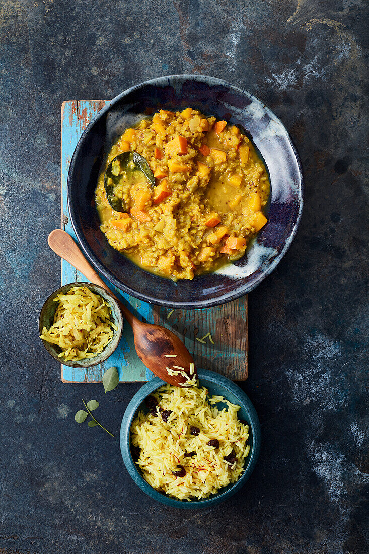 Cow's rice and lentil dhal with saffron rice, curry leaves and mallum