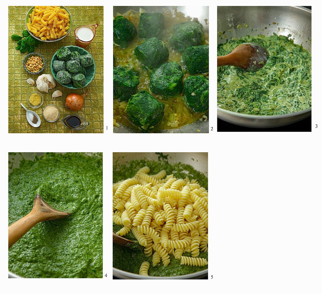 Pasta mit Spinat-Pesto und Pinienkernen zubereiten