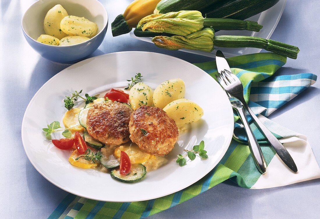 Frikadellas on courgettes with potatoes on plate