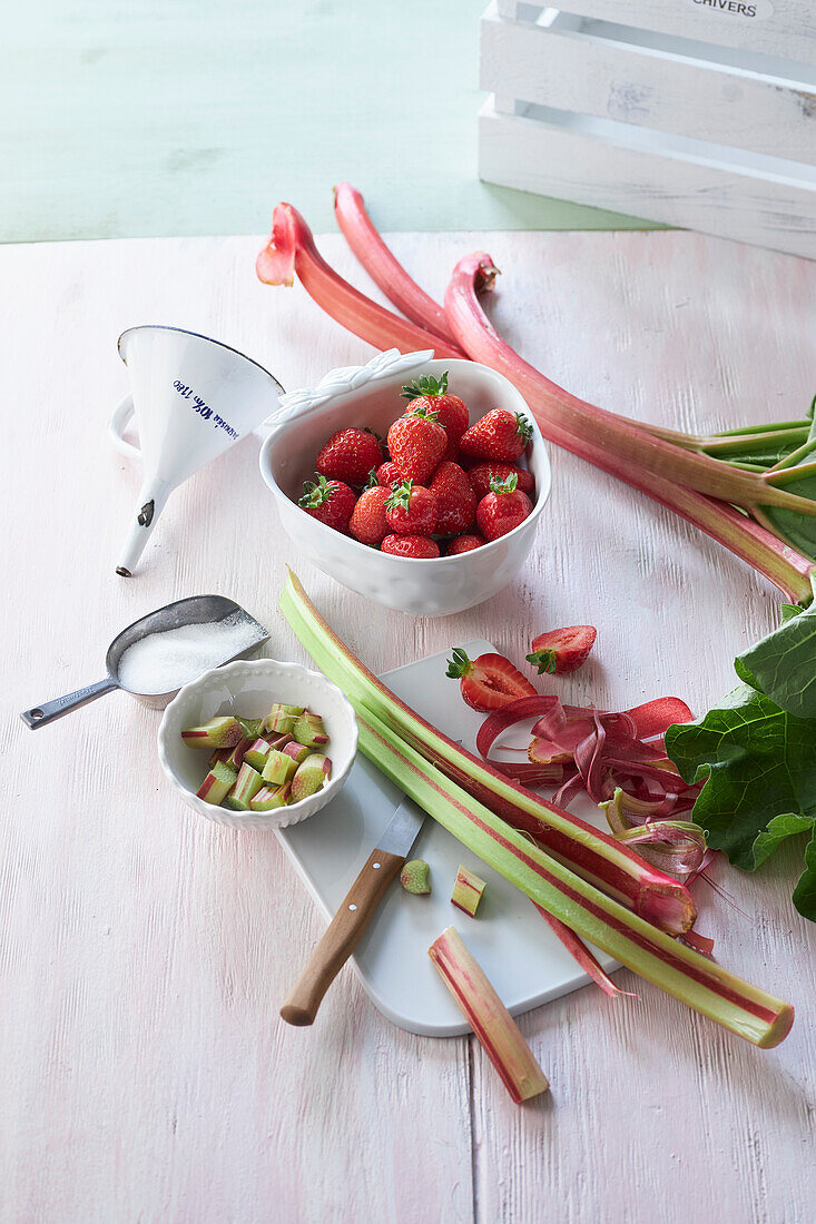 Rhubarb, strawberries and sugar for preserving