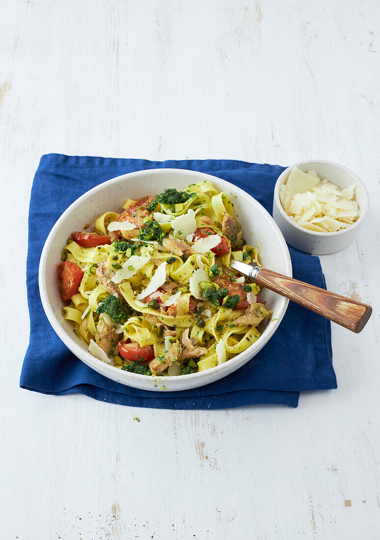 Pasta siciliana with sardines, pistachios, tomatoes and parmesan