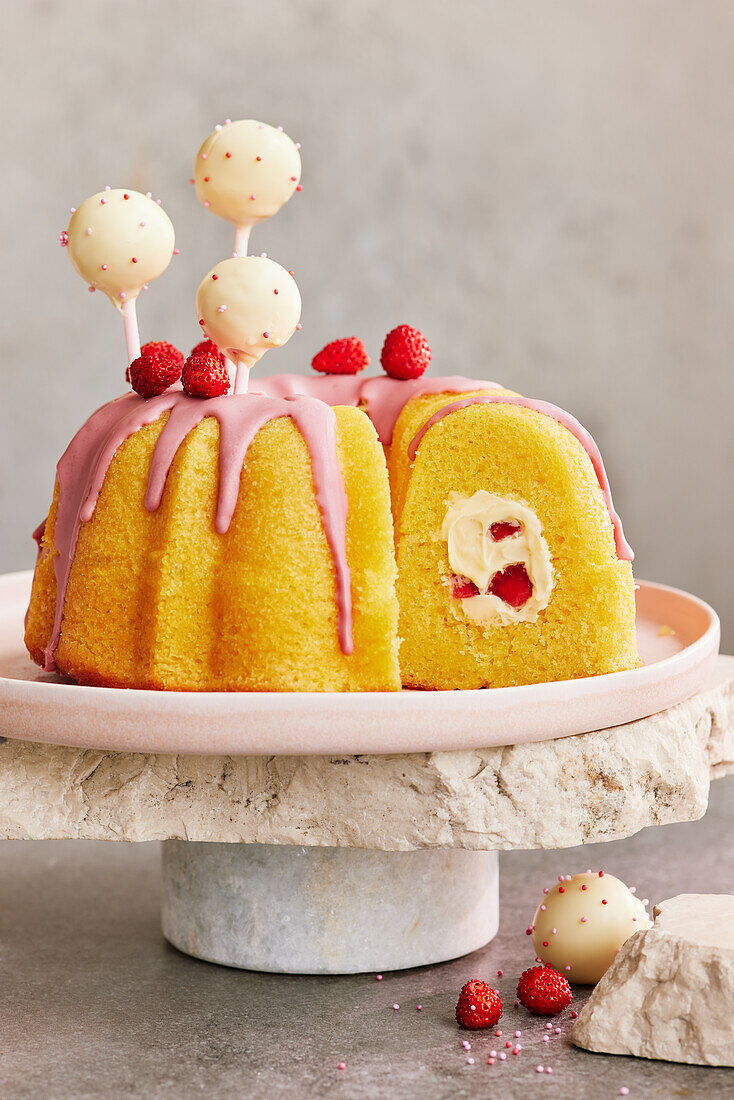 Filled eggnog bundt cake with wild strawberries and pop cakes