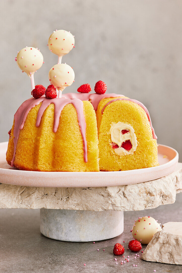 Gefüllter Eierlikör-Gugelhupf mit Walderdbeeren und Pop Cakes