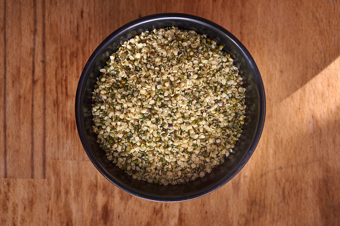 Bowl with shelled hemp seeds