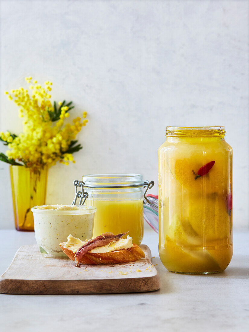 Lemon curd, lemon butter and salted lemons