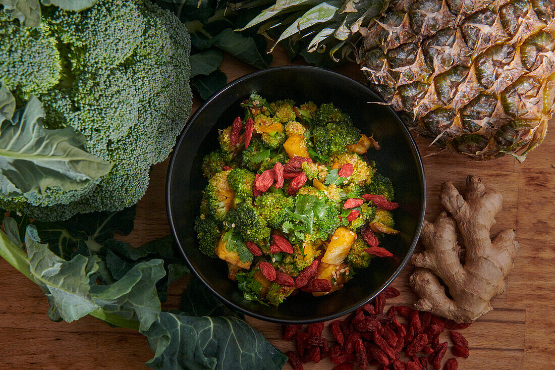Broccoli salad with pineapple, goji berries and ginger