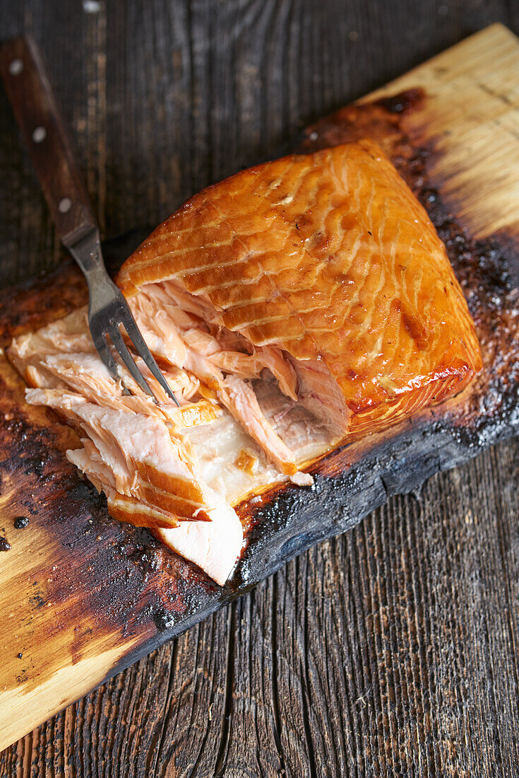 Grilled salmon on cedar wood