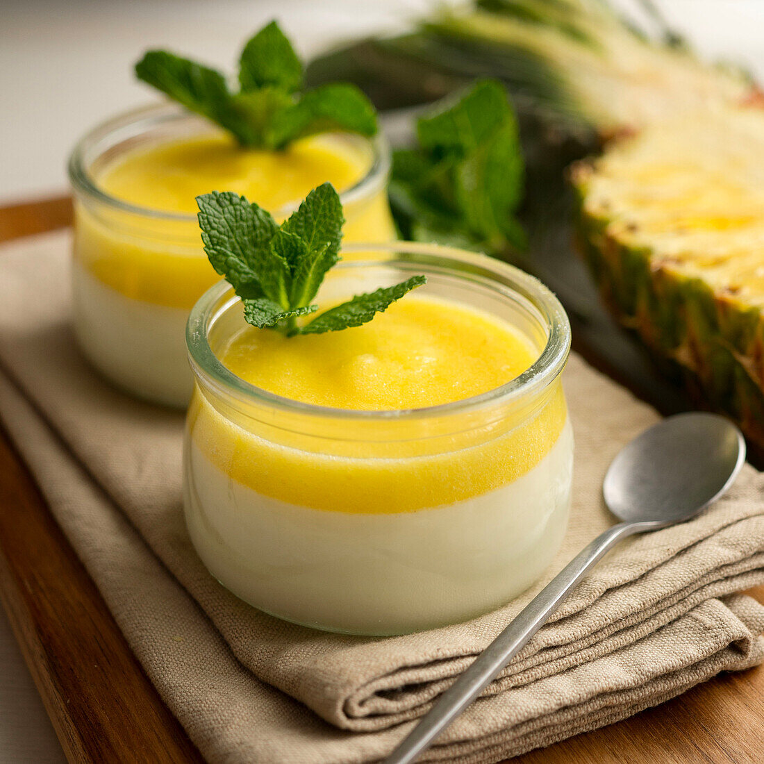 Panna cotta with pineapple puree and mint