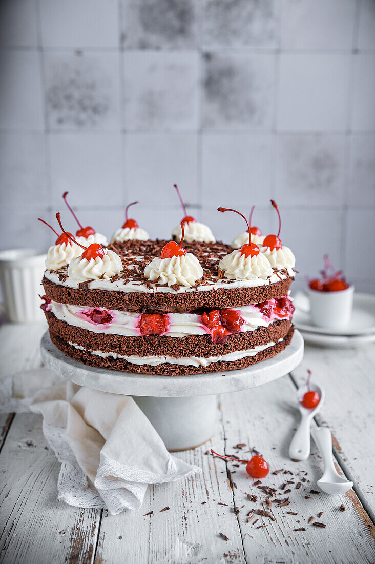 Chocolate cake with cream cream and cherries