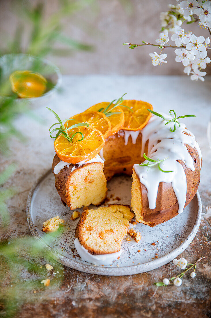 Orange bundt cake with white icing