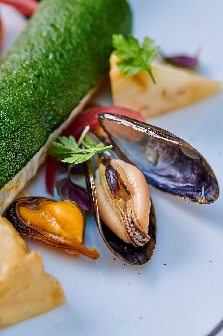 Fried sole in herb crust with bouchot mussels and celeriac puree