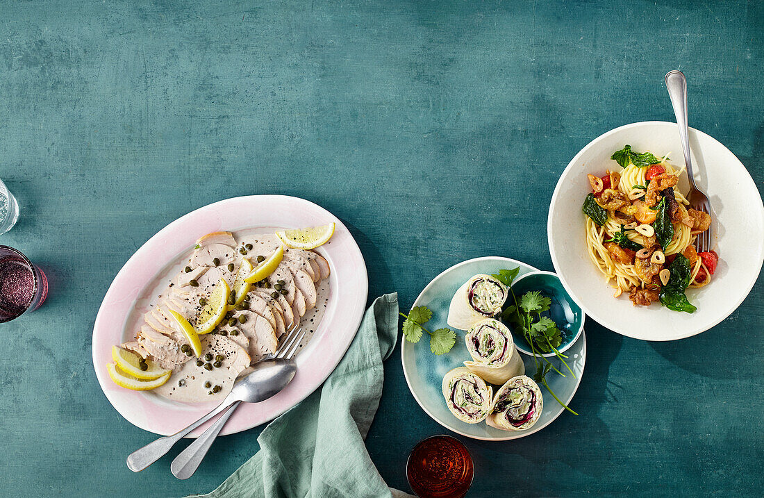 Putello tonnato, chicken salad with wrap, spaghetti with crispy chicken skin