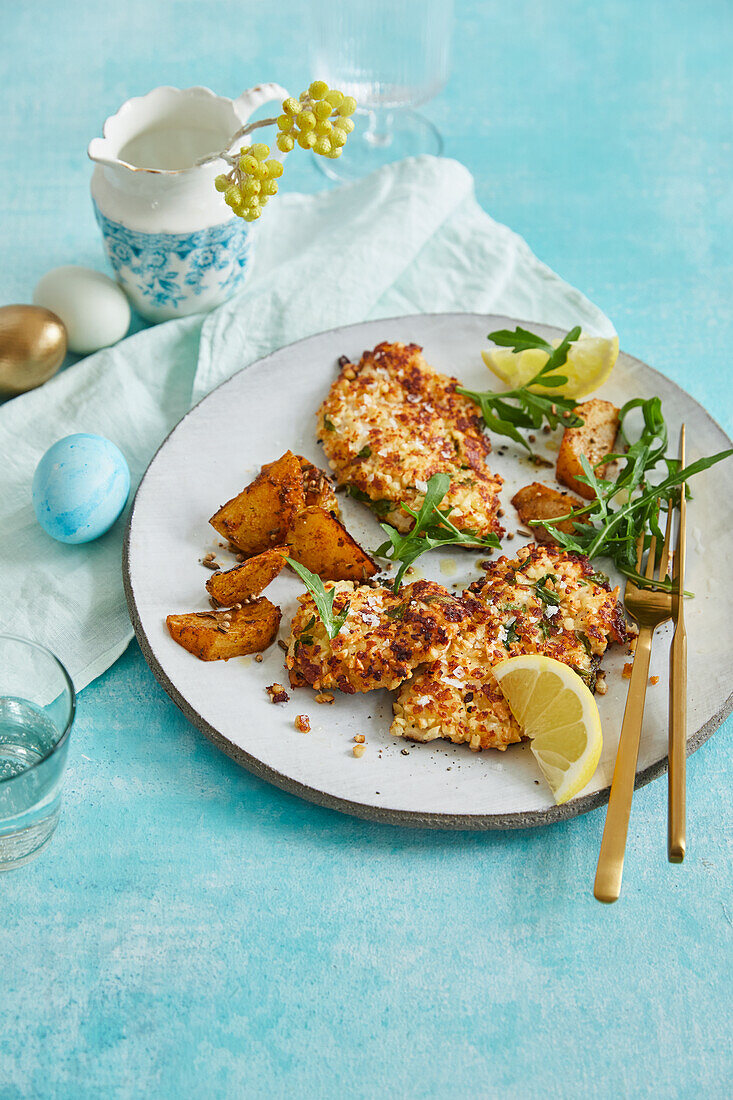 Chicken schnitzel in a halloumi and almond breading