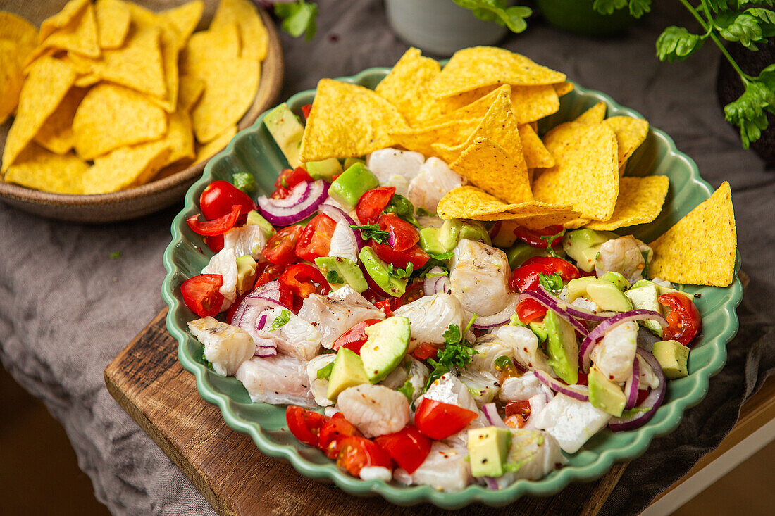 White fish ceviche with nacho chips