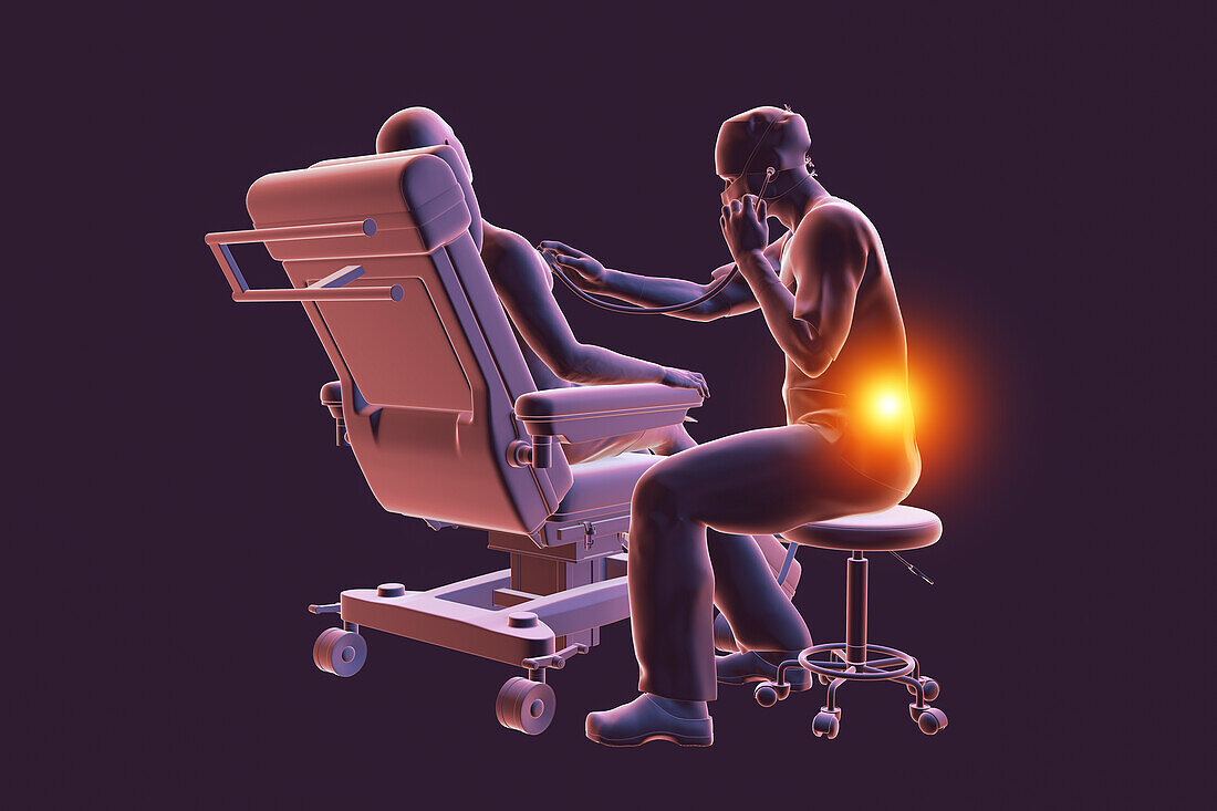 Healthcare worker experiencing back pain, illustration