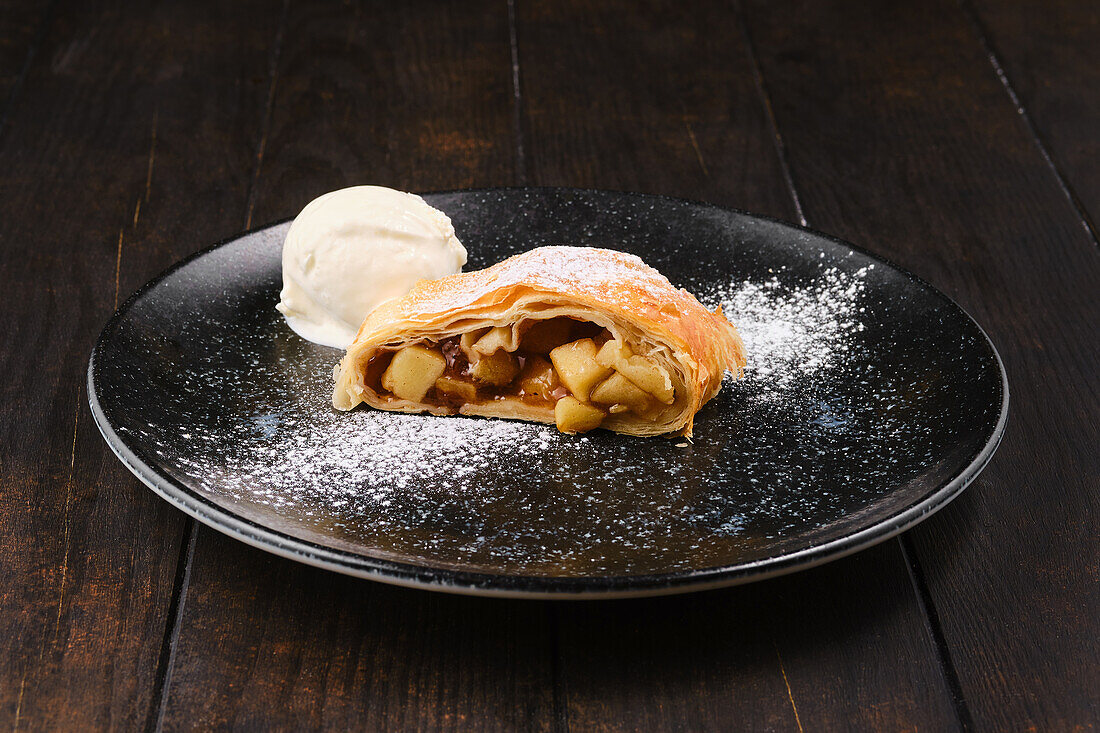 Apple strudel with vanilla ice cream