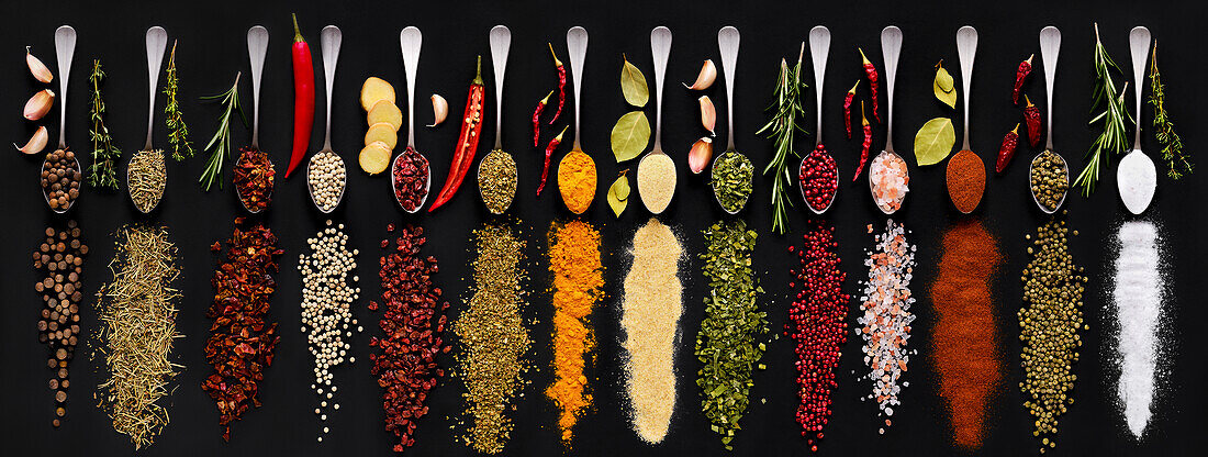 Various spices and herbs on spoons