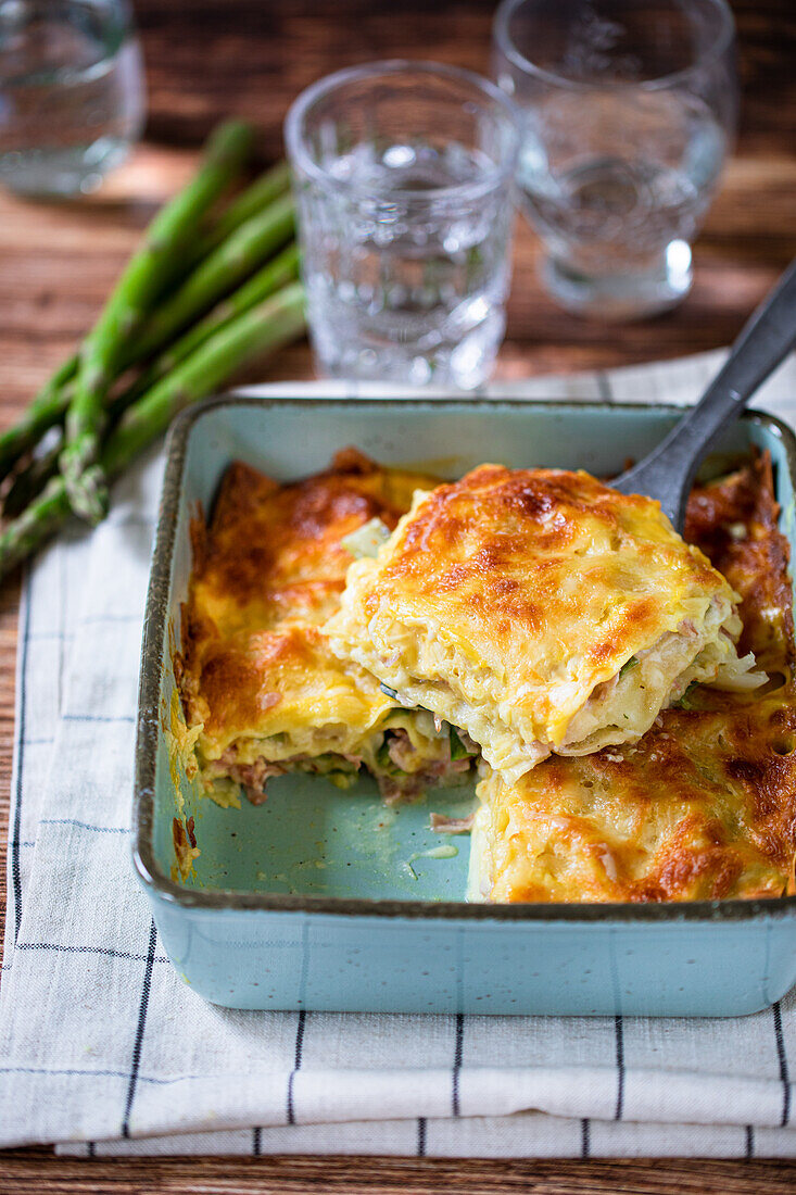 Lasagne with green and white asparagus, ricotta and parmesan