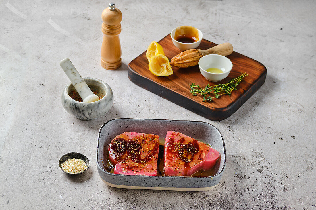 Marinated tuna steak in oven dish