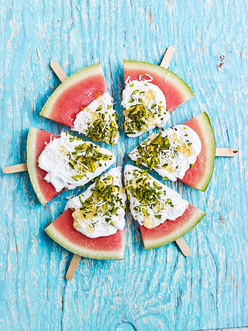 Watermelon and coconut pops with pistachios