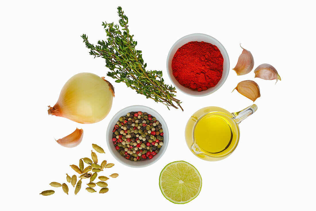 Herbs and spices on a white background