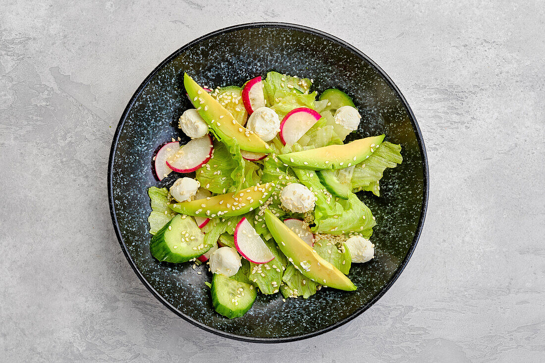 Salad with avocado, radish and mozzarella