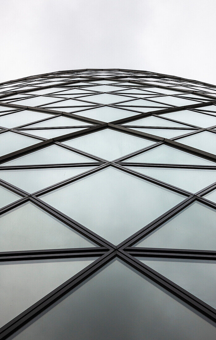 Low angle view of building detail, 30 St Mary Axe, also known as the Gherkin, London, England, UK