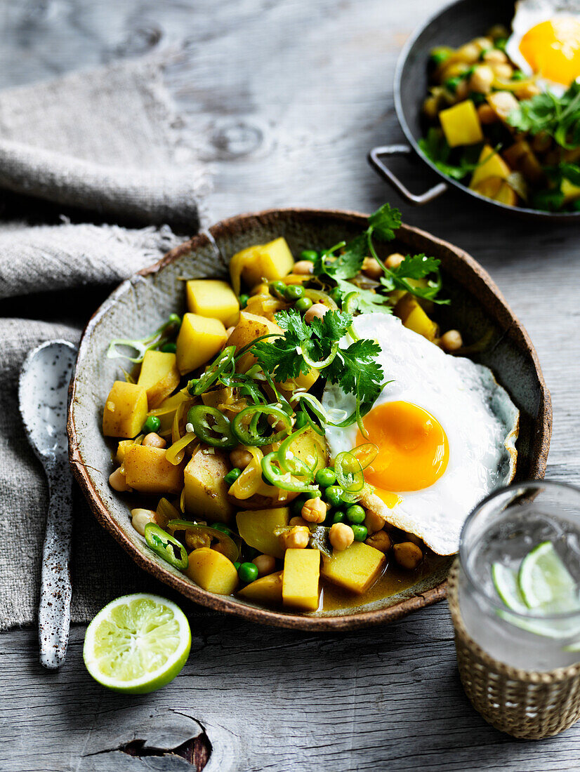 Potato and pea curry from Sri Lanka with fried eggs