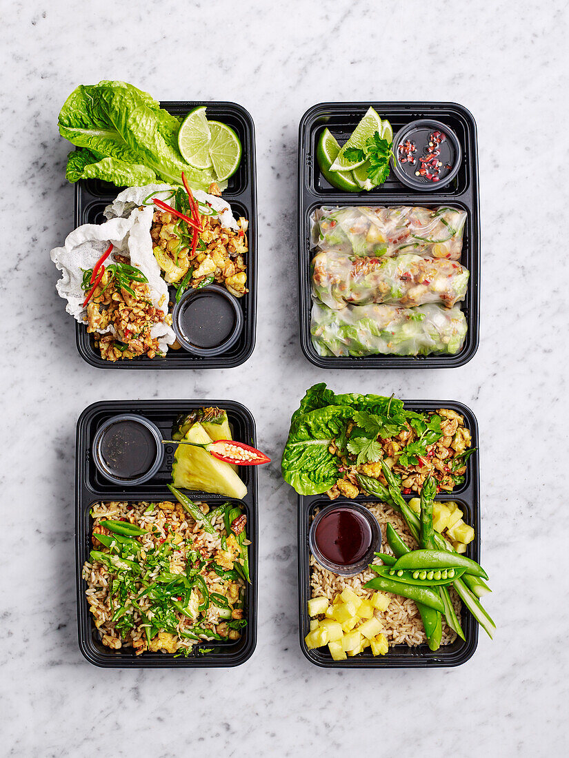 Tofu Larb four ways: with crispy rice paper, in rice paper rolls, with vegetable stir-fry and with veggie bowl