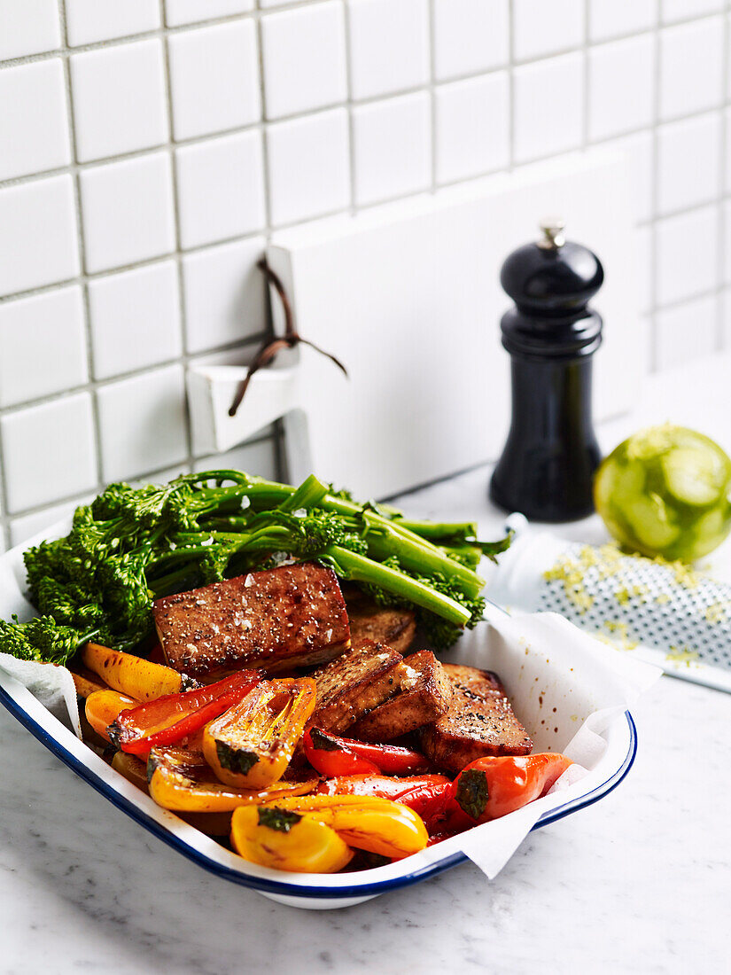 Sticky glazed tofu with chili lime broccolini