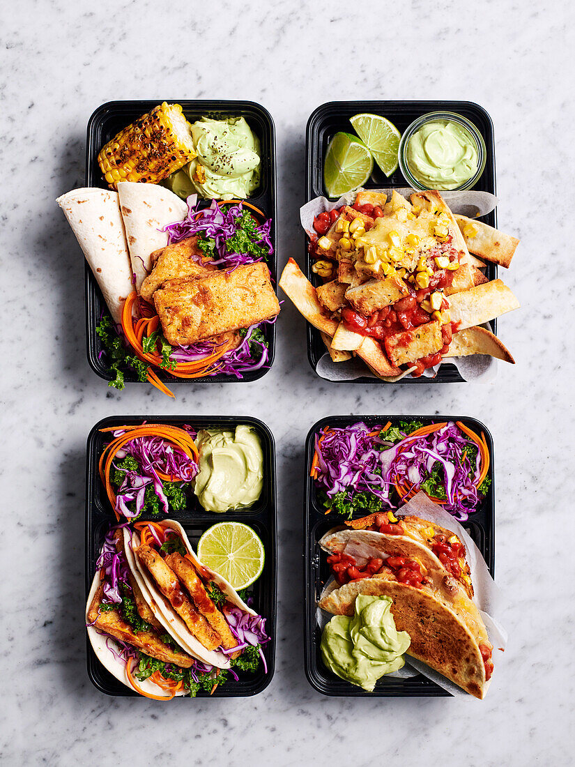 Buffalo tofu four ways: with corn and coleslaw, with nachos, with tacos and with quesadillas