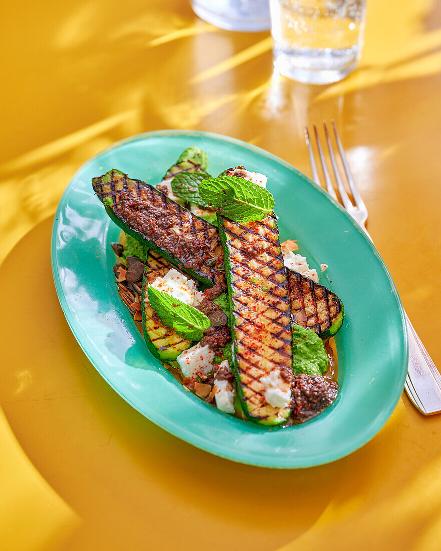 Grilled courgette with feta and tapenade