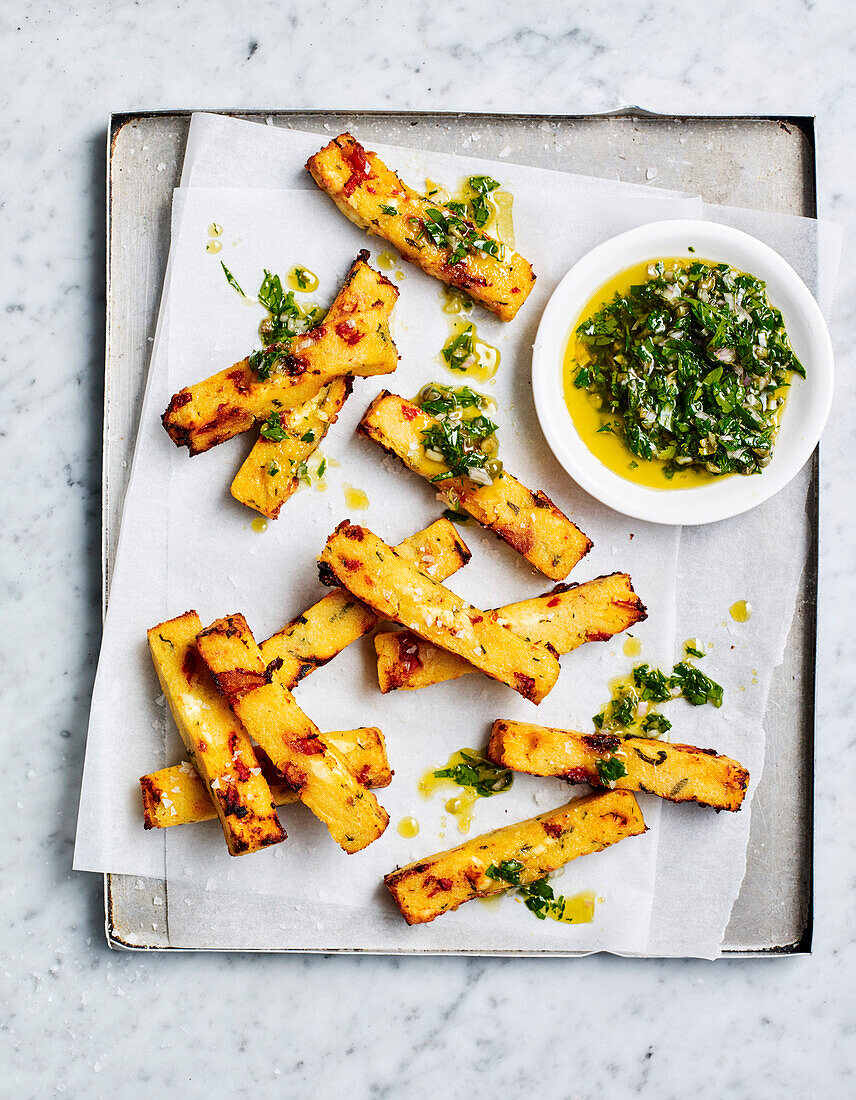 Sun dried tomato feta polenta chips