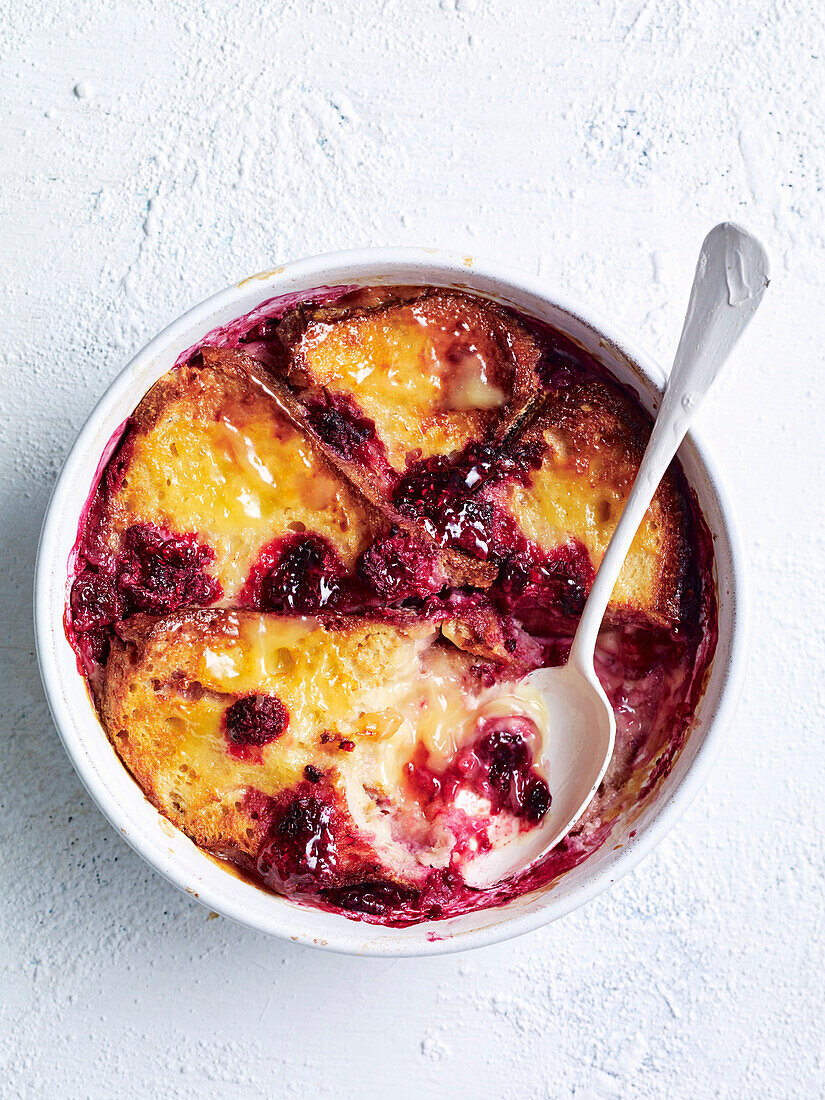 Bread and Butter Pudding with Lemon Curd and Raspberries