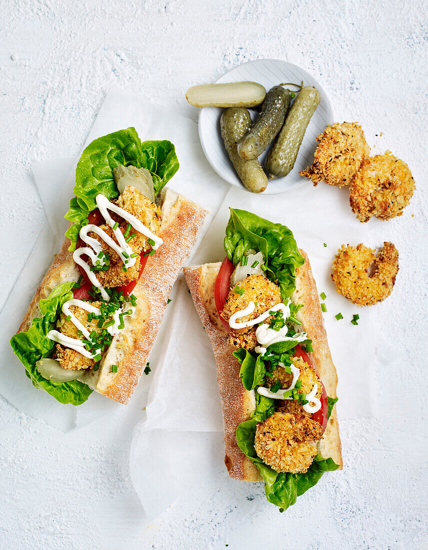 Spiced prawn po boys