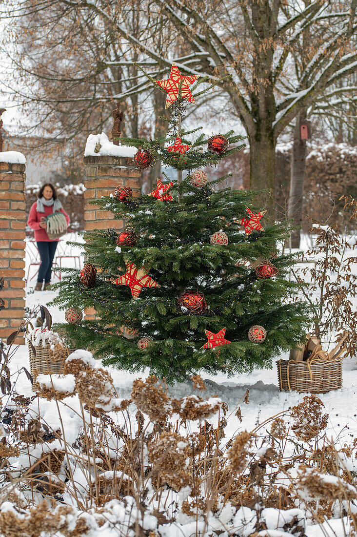 Geschmückter Christbaum im verschneiten Garten, Frau bei Sitzplatz