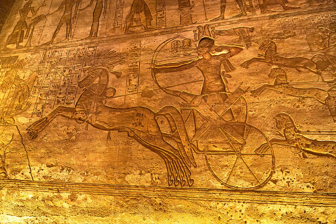 Abu Simbel. Ancient Temple Complex cut into solid rock. Part of a Unesco World Heritage Site. Located at the second Cataract of the Nile River, Egypt.