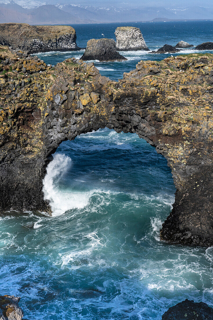 Iceland. Gatklettur (Double Sea Arch in Arnarstapi) on the Snaefellsnes Peninsula.