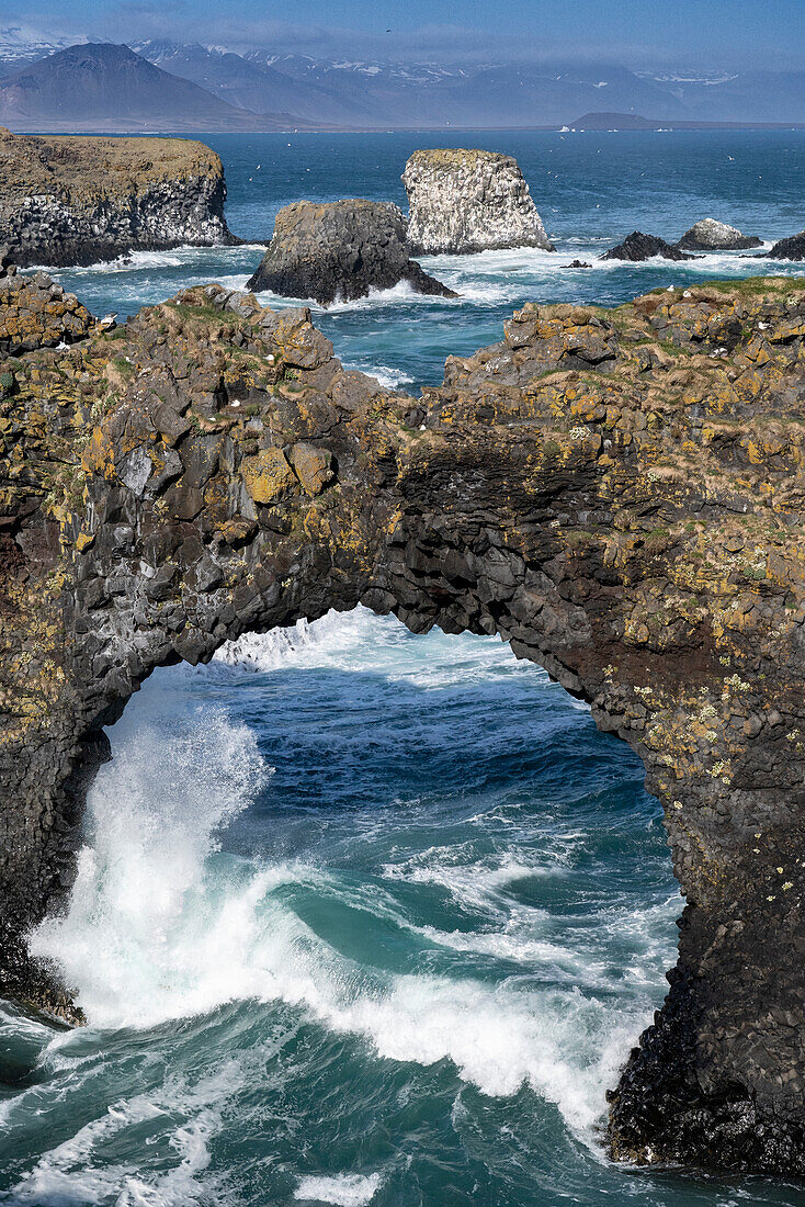 Iceland. Gatklettur (Double Sea Arch in Arnarstapi) on the Snaefellsnes Peninsula.