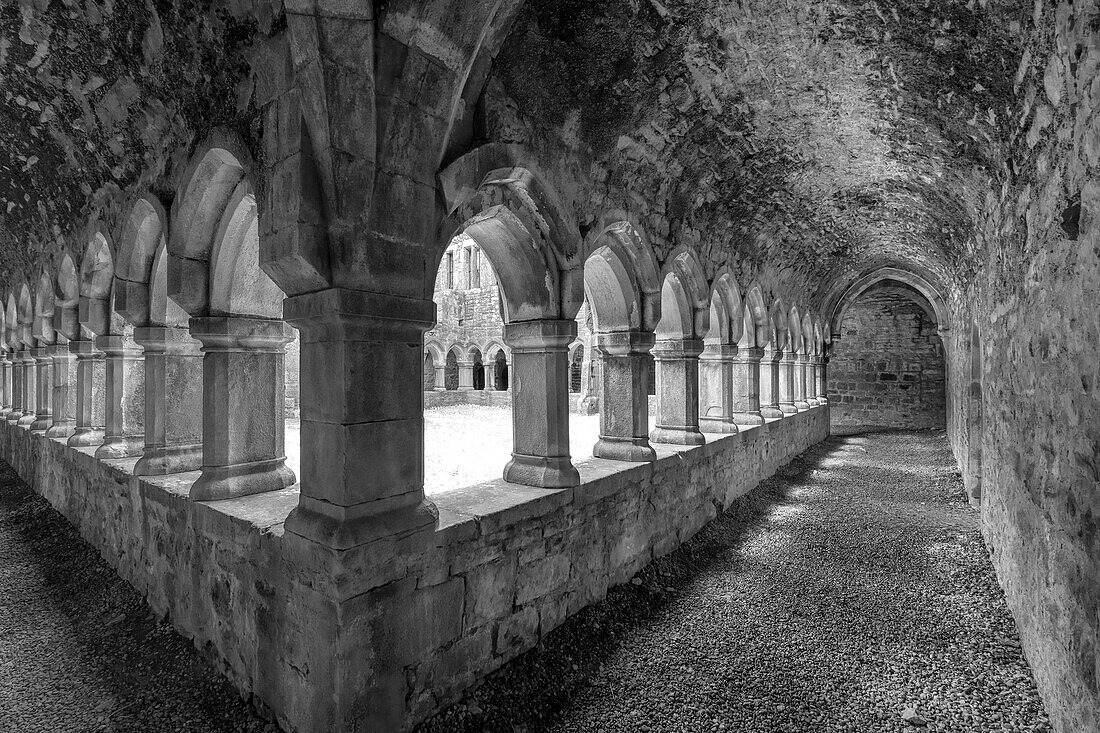 Ancient cloisters at Moyne Abbey, County Mayo, Ireland.