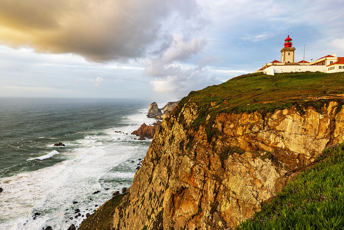 Cabo do Roca Lighthouse at last light in Colares, Portugal